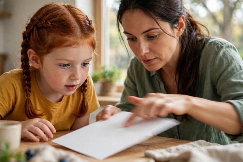 Mom's finger tracks beneath a blank word card as her daughter watches intently