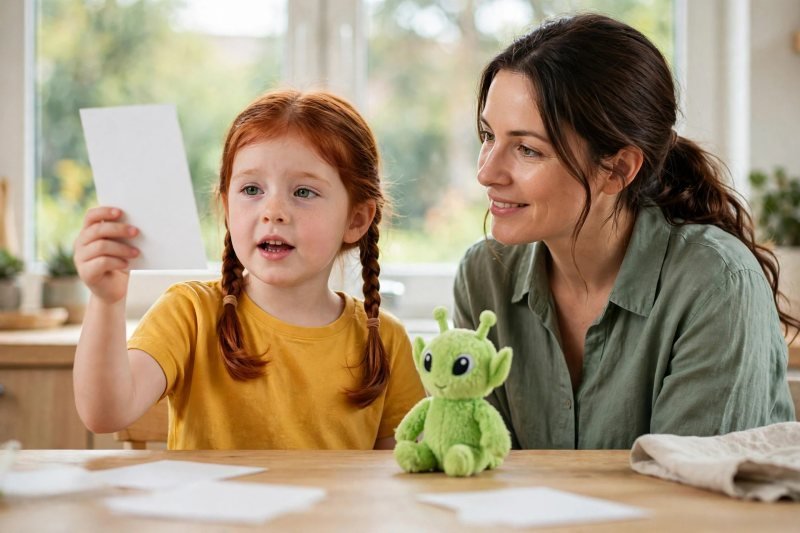 The six-year-old holds up a blank card and reads it aloud to her alien