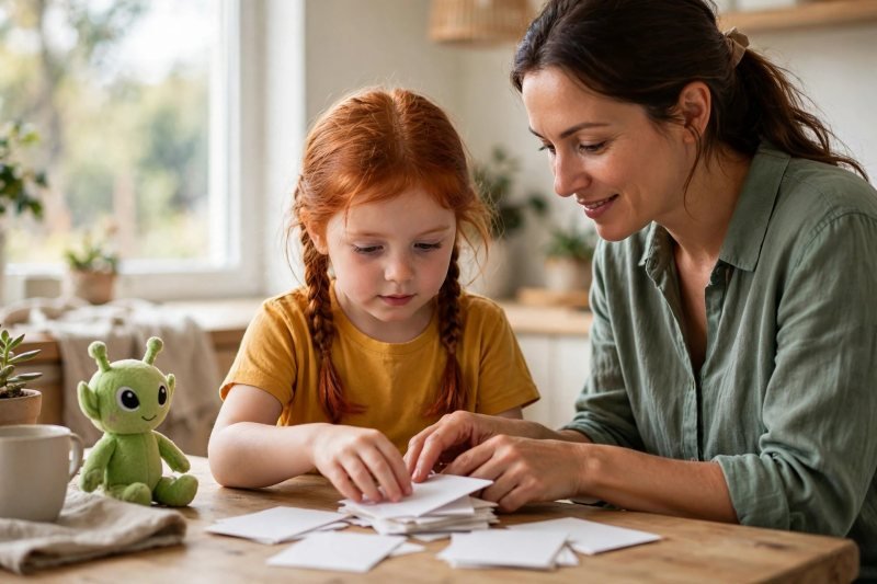 Daughter sorts a pile of blank word cards while mom gently guides her hands