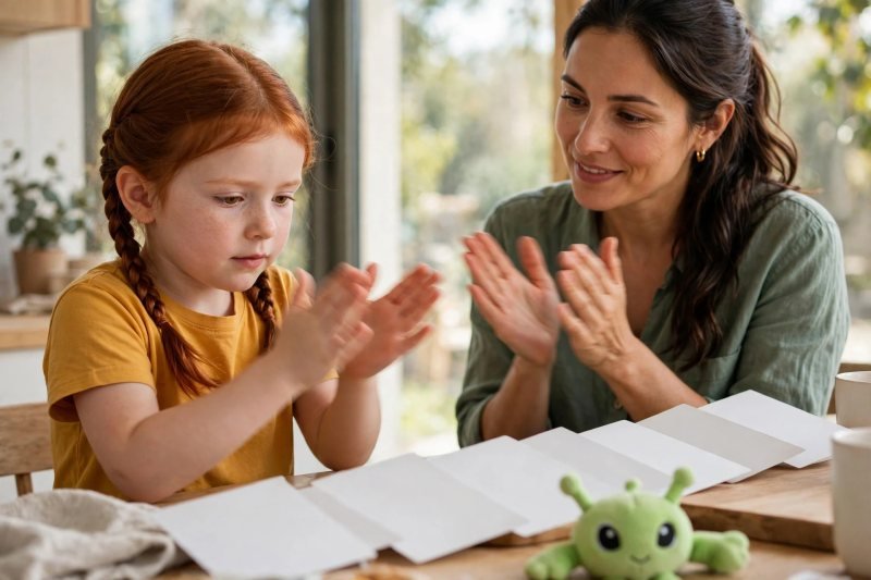 The girl claps out syllables with mom above blank cards and the alien