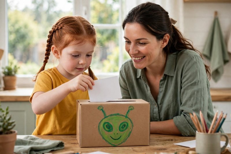 Girl posts a blank word card into the box with a green alien face