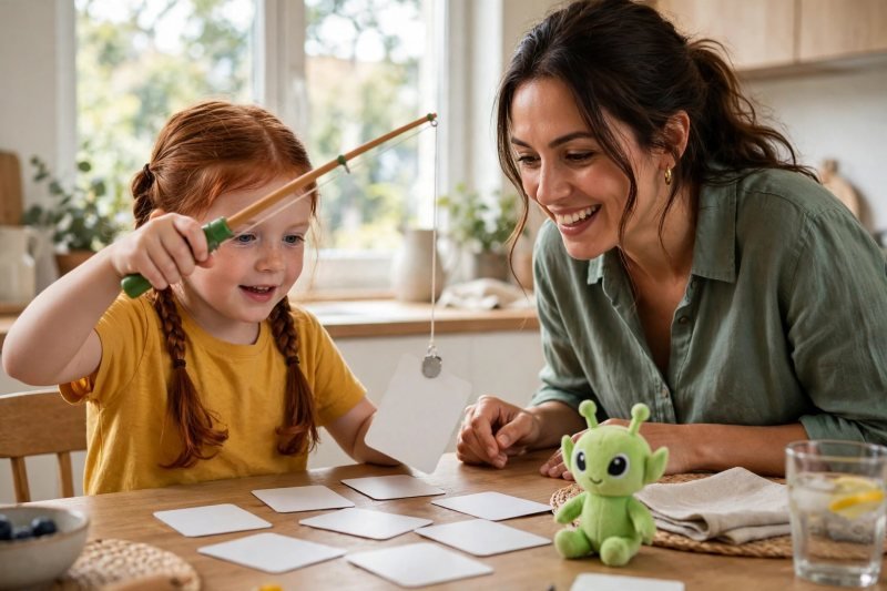 The girl lifts a face-down blank card with a magnet-tipped toy fishing rod
