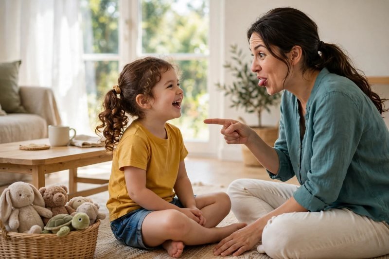 Giggling preschool girl hears her silly nickname as mom points playfully