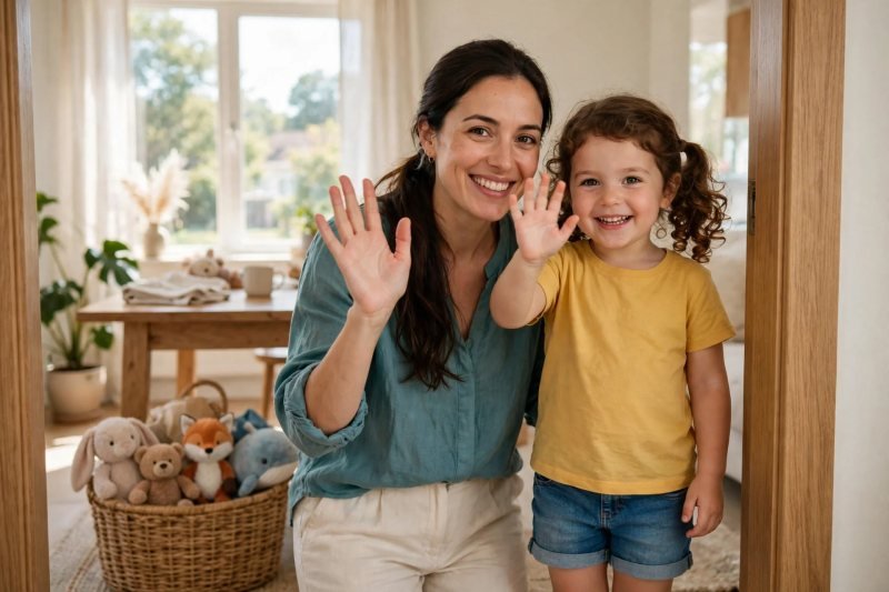Mother and daughter wave big goodbyes at living room doorway smiling