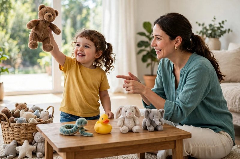 Preschooler holds plush bear beside lined-up toys during naming game