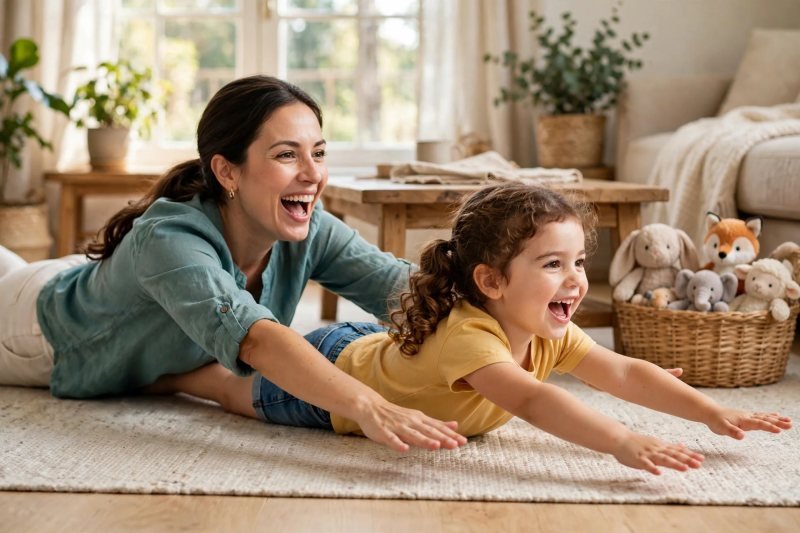 Mother and daughter slide on rug hissing like snakes with arms stretched