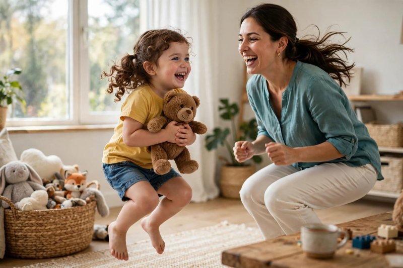 Girl clutching teddy bear bounces mid-hop with mom in bear game