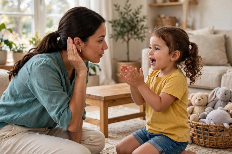 Mom cups ear listening as daughter chants and claps tongue twister
