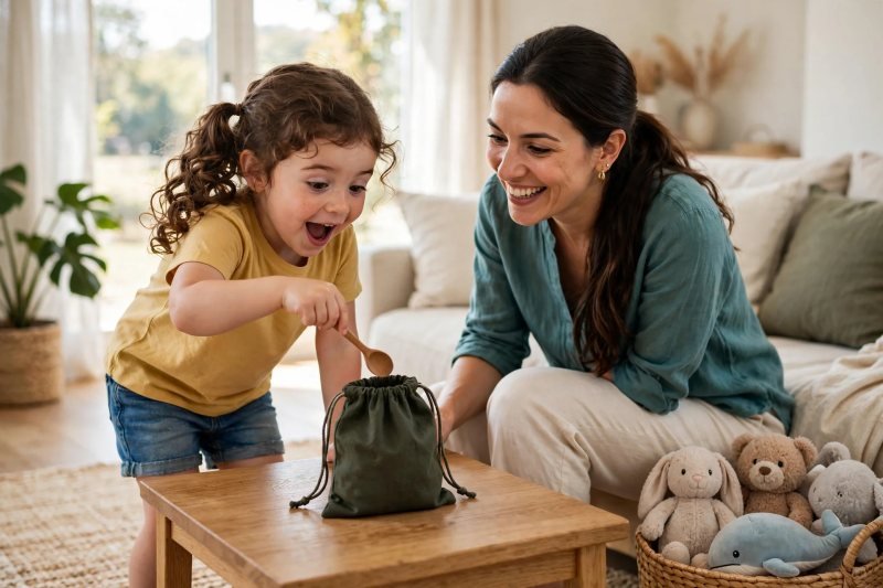 Surprised girl pulls wooden spoon from mystery bag while mum smiles