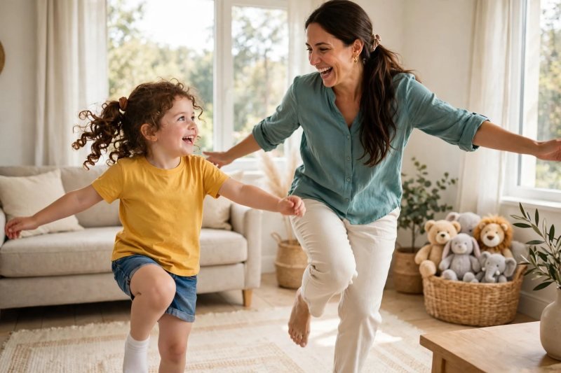 Mother and preschooler stomp-march like tigers across bright living room