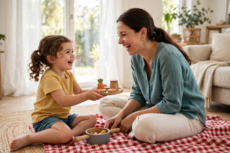 Girl serves wooden play food to mum on chequered picnic blanket