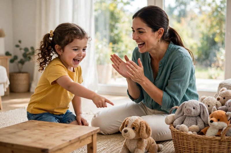 Preschooler points at plush dog toy while mom applauds invented name