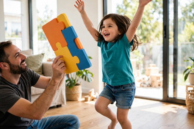Preschool girl dancing joyfully while her father holds up a colorful letter card