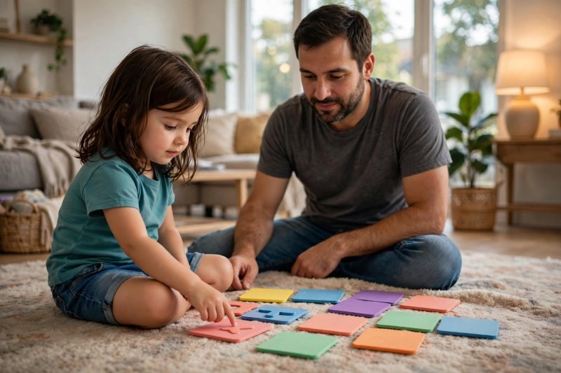 Father and daughter matching pairs of letter cards together on a cozy rug