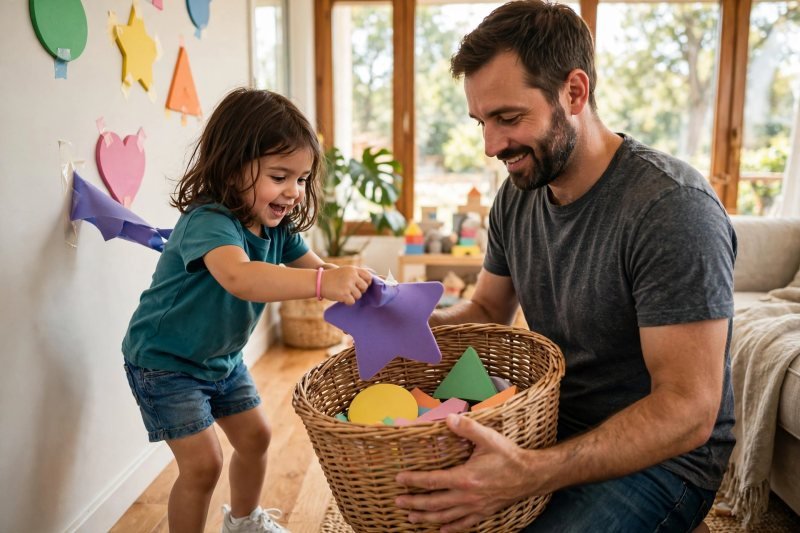 Little girl pulling a letter card off a living room wall into a laundry basket