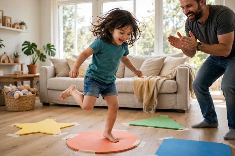 Preschooler stomping on a large taped letter card on a wooden living room floor