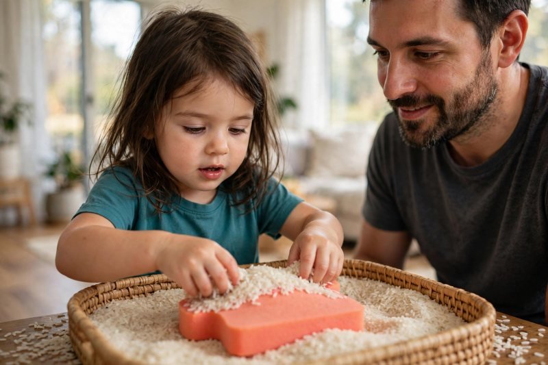 Child's hands digging through rice in a sensory bin to uncover hidden letter cards