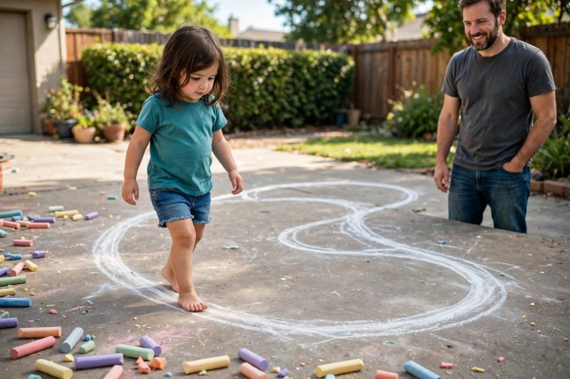 Preschool girl walking the outline of a giant chalk letter on a sunny driveway