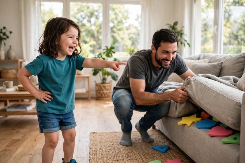 Laughing preschooler giving her father a clue while he searches for hidden letters