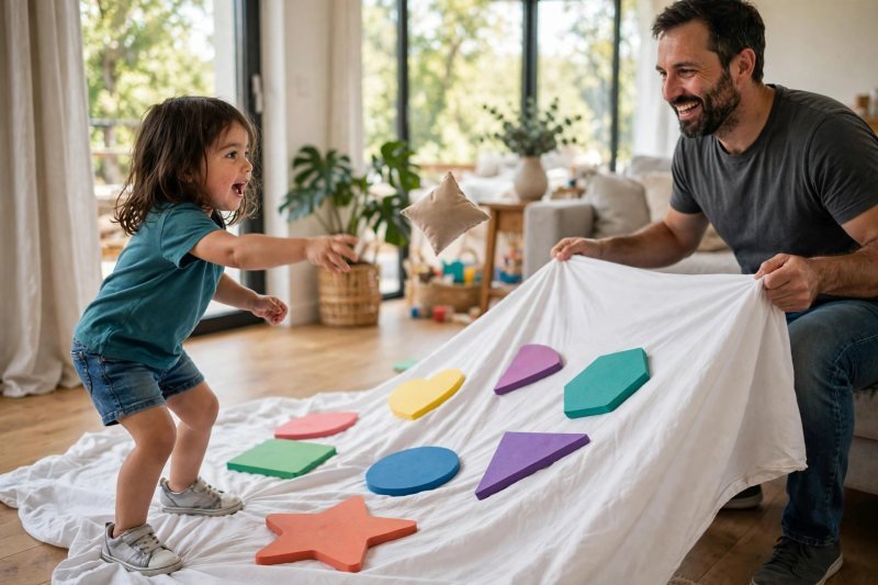 Father and daughter tossing a beanbag at letter cards spread on a bedsheet