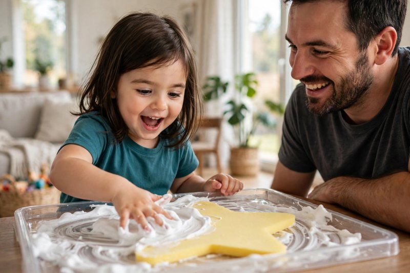 Child wiping shaving cream aside in a tray to reveal a hidden letter card