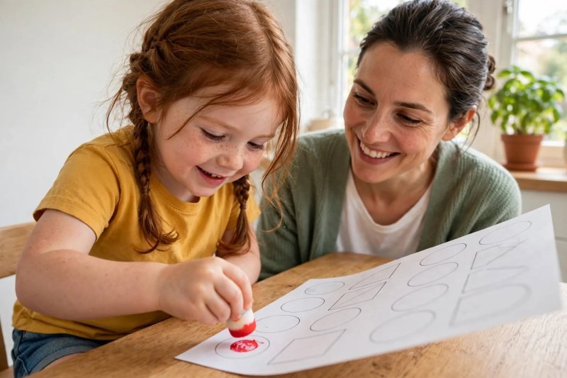 Mia stamps a red dot marker inside a big-letter worksheet while her mum watches at the sunny kitchen table.