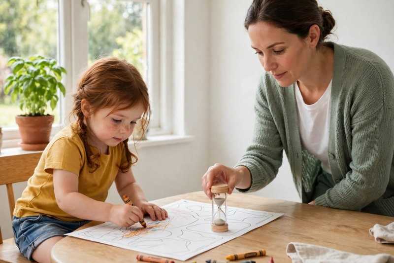 Mia colours her worksheet while mum sets a number-free sand timer for their five-minute session.