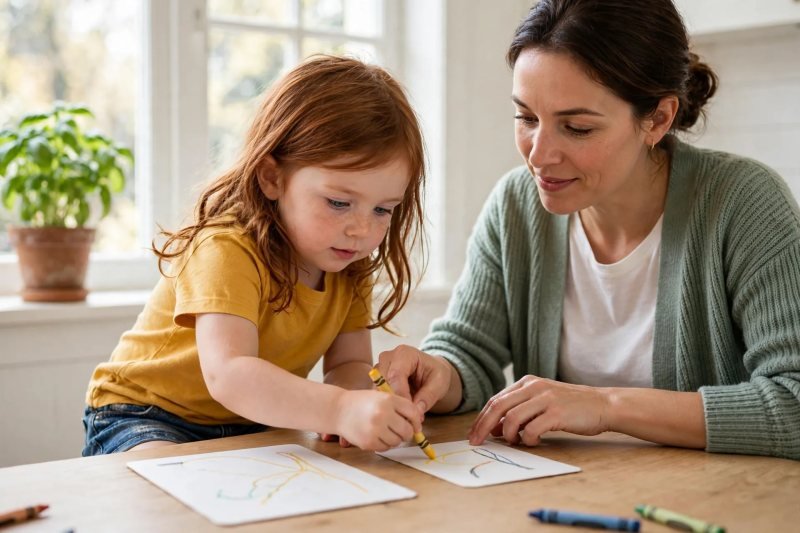 Mia draws a crayon line from a big-letter card to its small-letter partner as mum gently guides her hand.