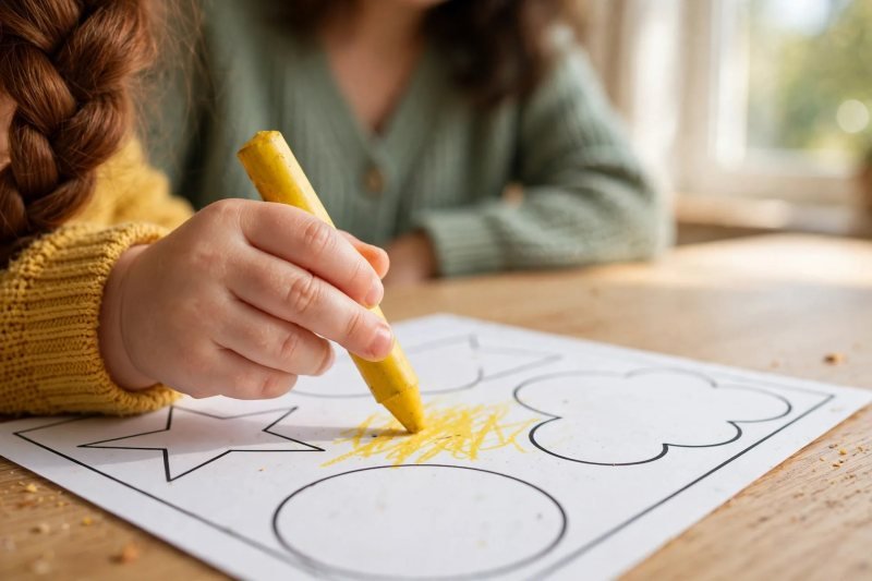 Close-up of Mia's small hand gripping a chunky yellow crayon in a tripod grip over her worksheet.
