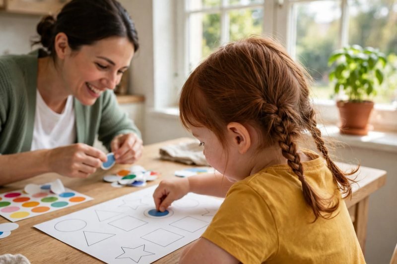 Mia presses round coloured stickers onto her letter worksheet while mum peels stickers beside her.