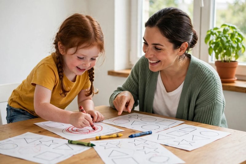 Mia circles shapes on a scattered letter-hunt worksheet while her mum points and smiles at the kitchen table.
