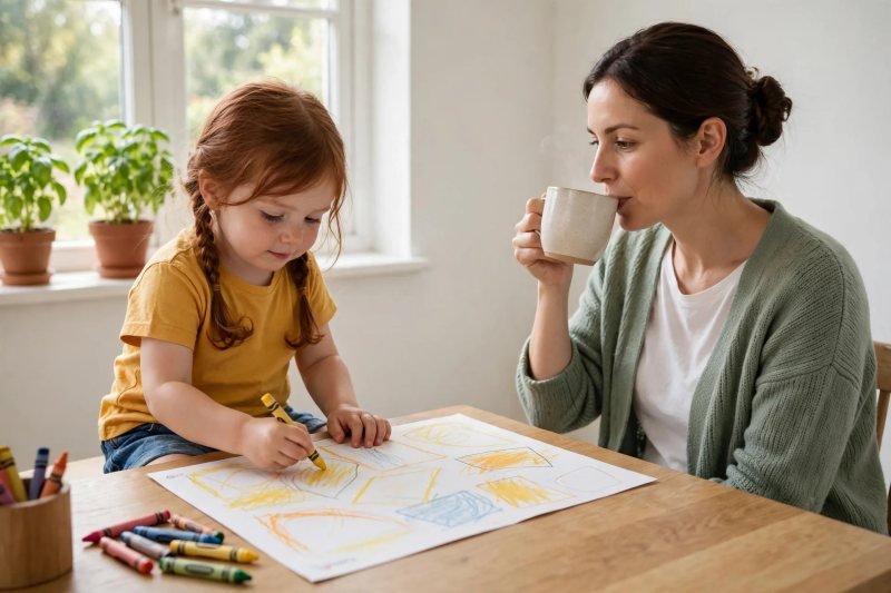 Mia calmly colours her worksheet with chunky crayons while mum drinks tea beside her at the kitchen table.