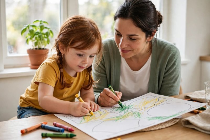 Mum and Mia colour a big-letter worksheet together side by side with chunky crayons.