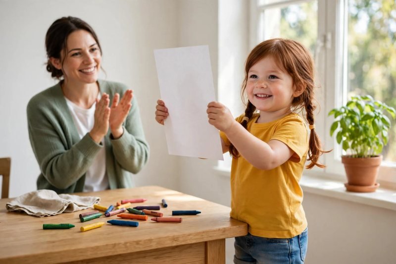 Proud Mia holds up her finished worksheet with the blank back to the camera while mum claps.