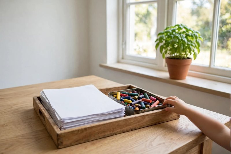 A tidy wooden tray with face-down worksheets and a tin of chunky crayons as a small hand reaches in.