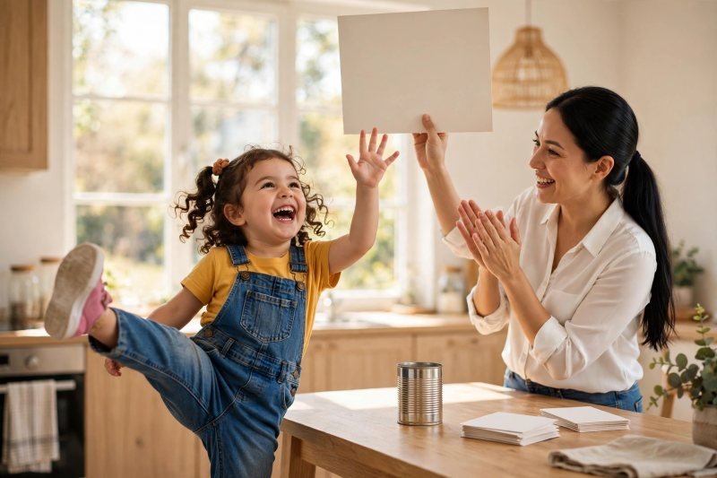 Preschool girl doing a joyful can-can kick while her mother holds a blank card high.