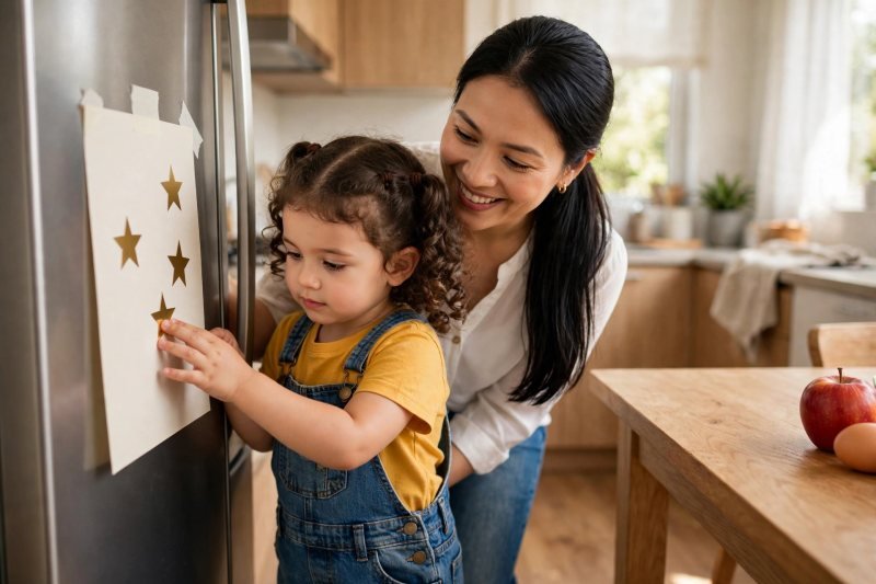 Little girl pressing a gold star sticker onto a list taped to the refrigerator door.