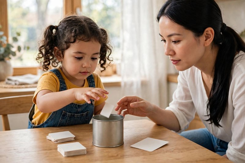 Little girl dropping a blank card into a tin can as her mother guides her.