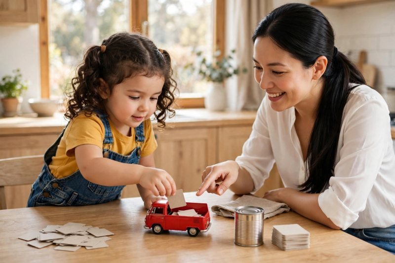 Preschool girl loading blank word cards into a red toy van on the kitchen table.