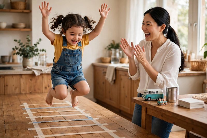 Excited girl hopping over a painter's-tape ladder on the floor while her mother cheers.