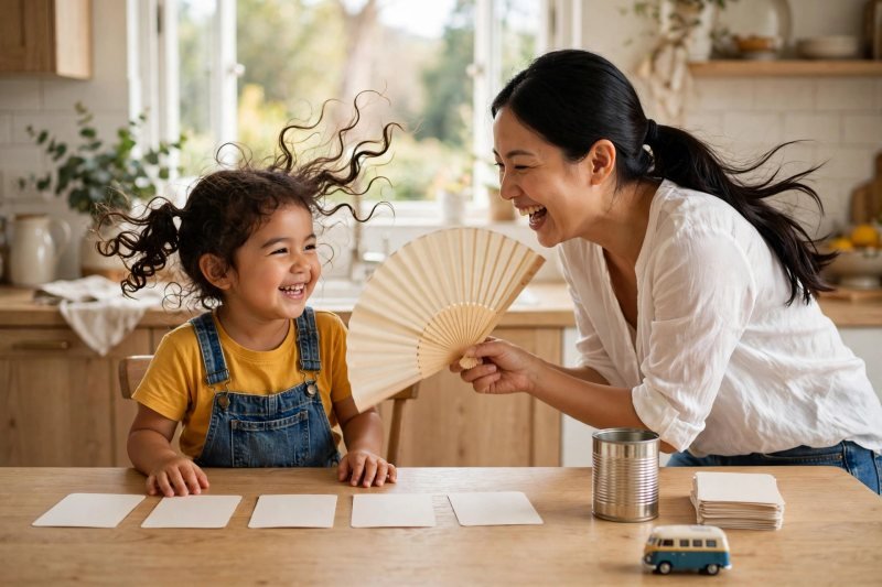 Mother wafting a paper fan like a victory breeze over her laughing daughter's fluttering hair.