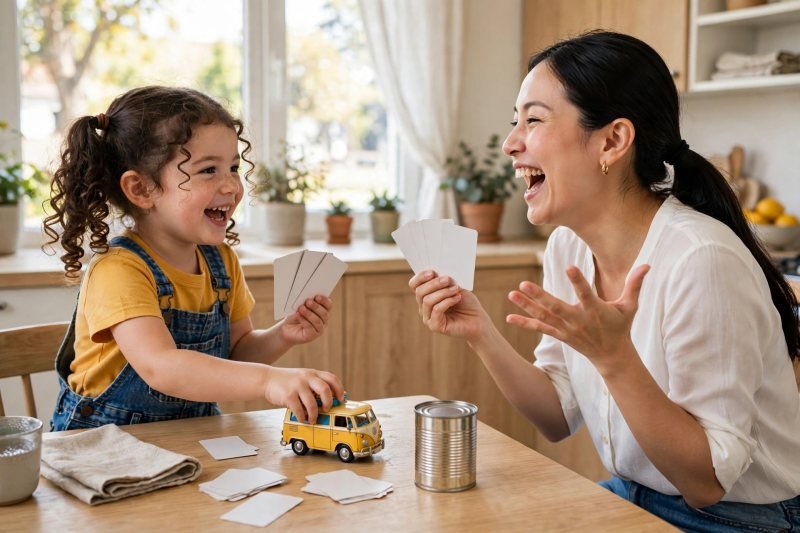Mother and daughter laughing over fanned-out blank cards with the toy van between them.