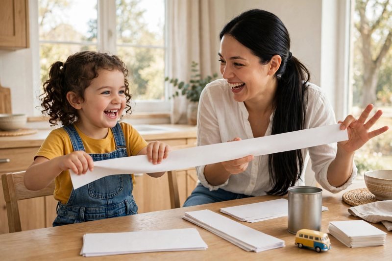 Mother and daughter stretching a long blank paper strip wide between them while laughing.