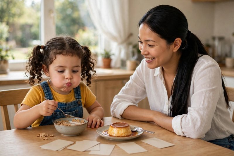 Little girl tasting bran cereal from a bowl with a plate of flan beside her.