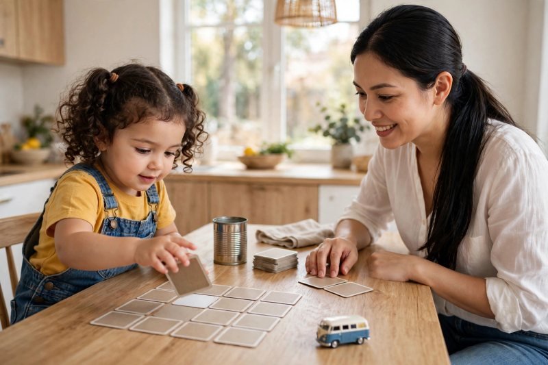 Preschool girl flipping a face-down card in a memory pairs game while her mother watches.