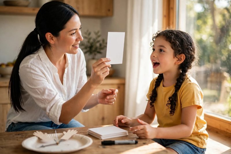 Mother holds up a blank card while her daughter reads aloud at the kitchen table