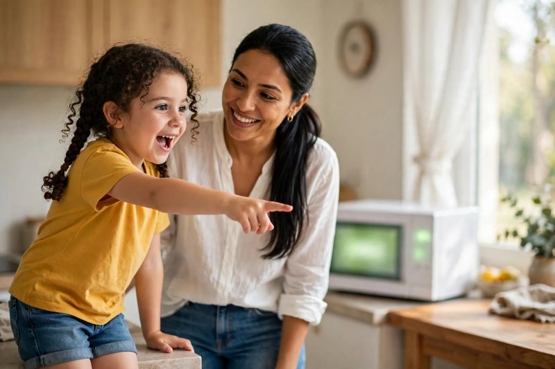 Girl points excitedly at the blurred microwave display during the clock scavenger hunt
