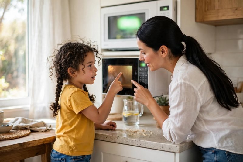 Girl covers part of the microwave display with a finger while her mother guides her