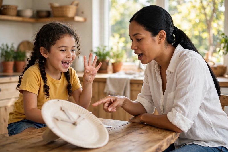 Mother and daughter chant together as she points at the paper-plate learning clock