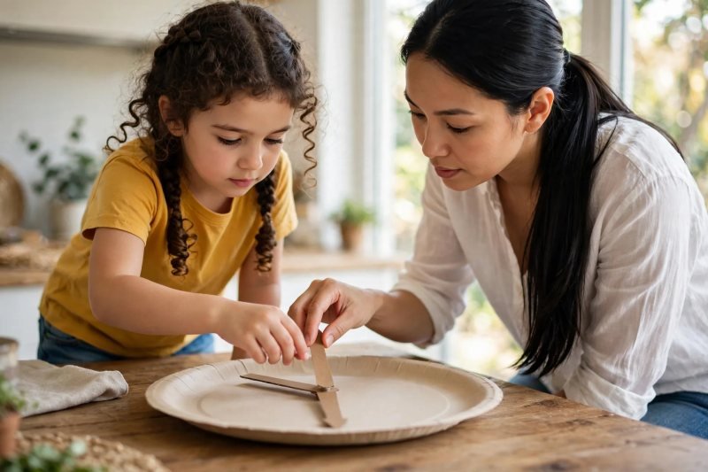 Small hands set the clock hands on a paper-plate clock while mother guides the placement